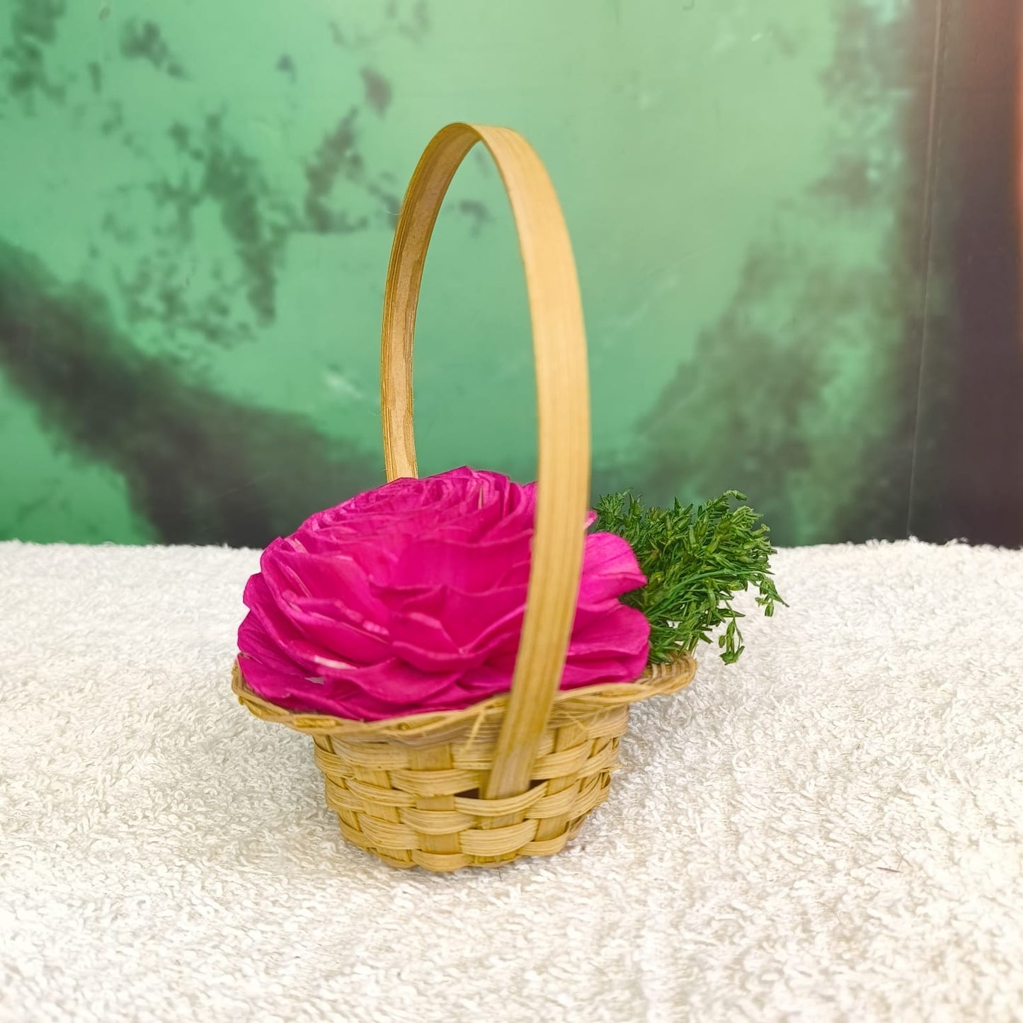 Bamboo Flower Basket with Handle Filled with Dry Flowers