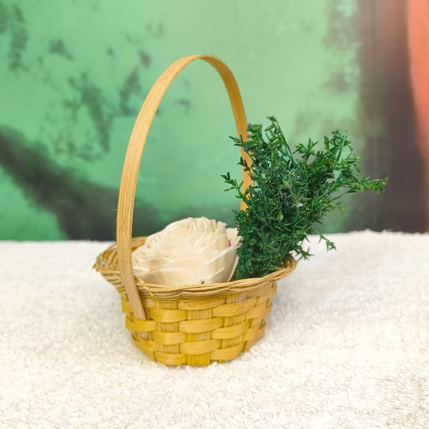 Bamboo Flower Basket with Handle Filled with Dry Flowers