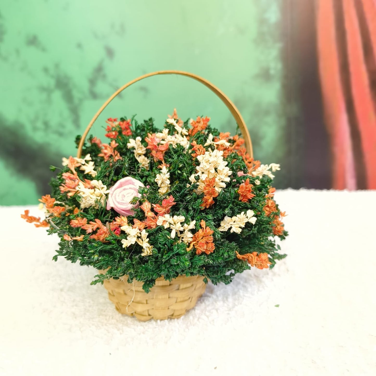 Bamboo Flower Basket with Handle Filled with Dry Flowers